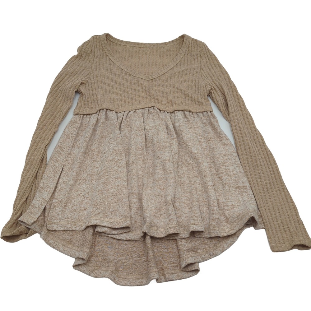 Tan Waffle Knit V-Neck Babydoll Peplum Top Long Sleeve High Low Hem Small